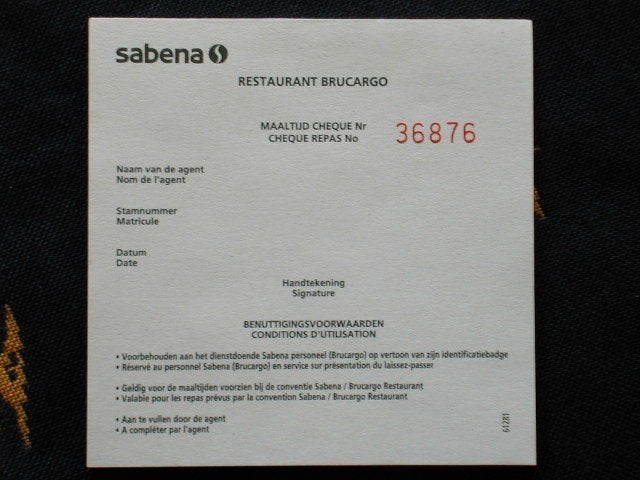 Sabena Document #038 Restaurant Brucargo Maaltijdcheque, Ophalen of Verzenden, Nieuw