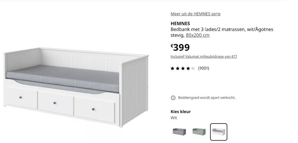 IKEA eenpersoonsbed HEMNES WIT 794.281.17, Ophalen, Verstelbaar, Eenpersoons, Wit