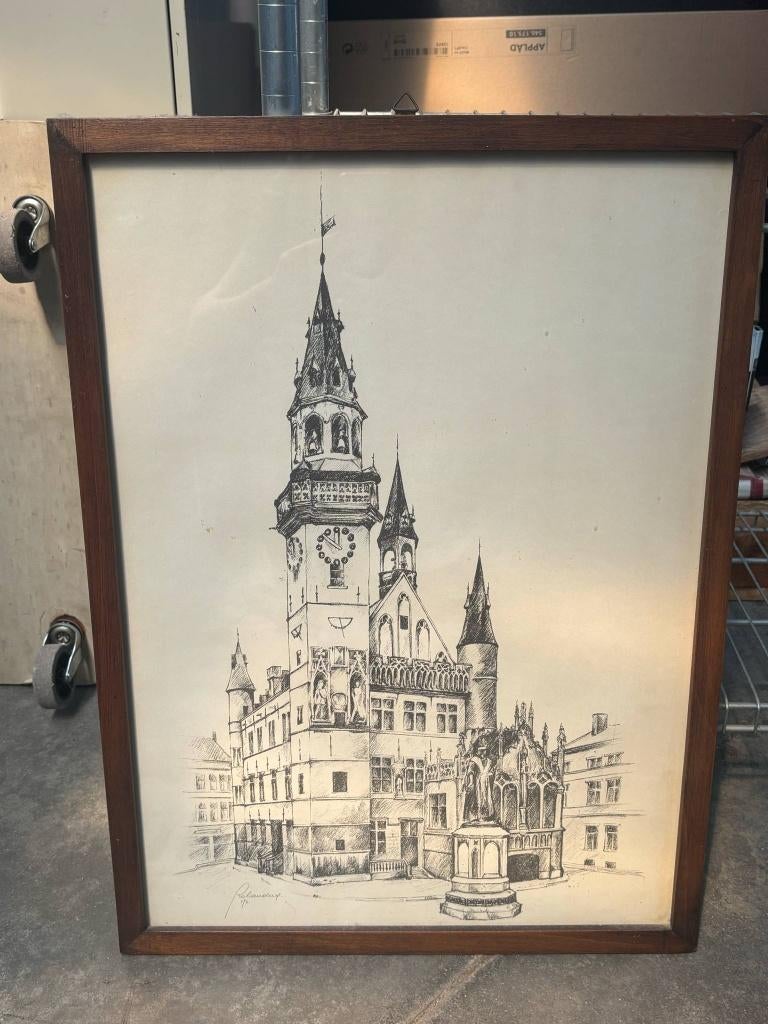 Ets Schepenhuis en Belfort Aalst, Stadsgezicht, 59 cm, Ophalen of Verzenden, Gesigneerd