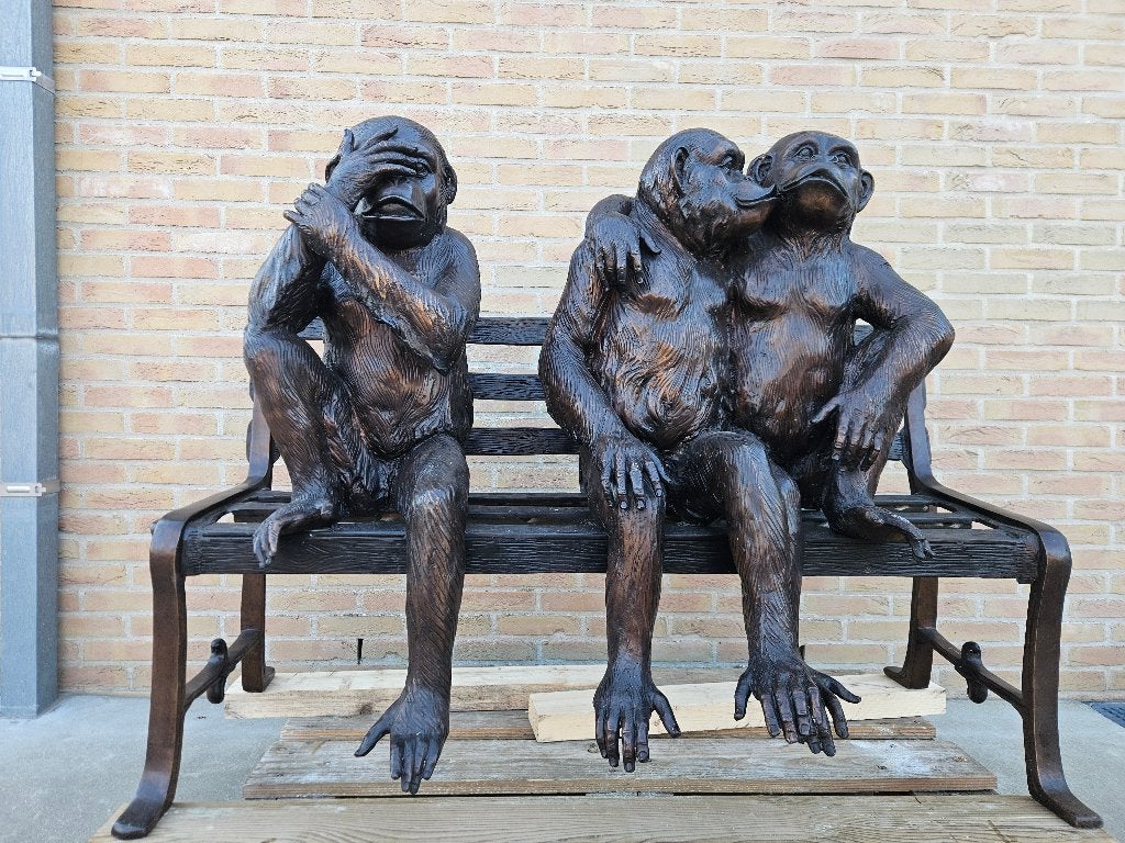 BRONS ZWAAR TUINBANK MET 3 APEN PRACHTIGE BRONS LAGE PRIJS!, Tuin en Terras, Ophalen of Verzenden, Nieuw, Dierenbeeld