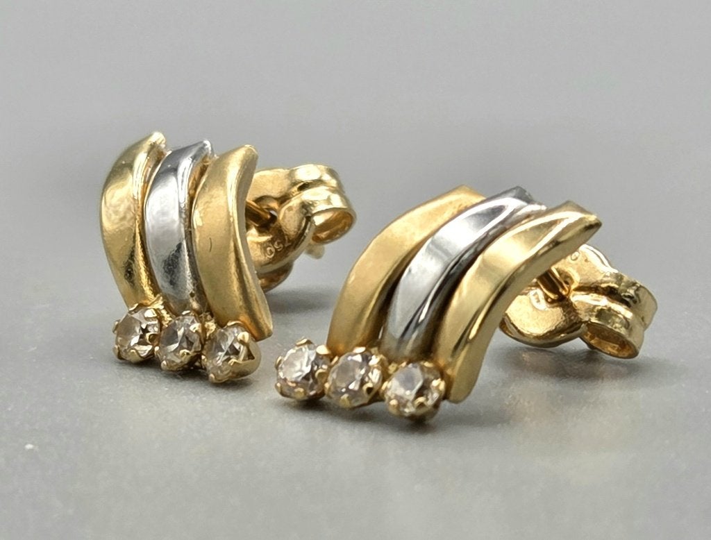 Vintage gouden bi-color oorbellen met zirkonia. 2026/489, Handtassen en Accessoires, Oorbellen, Ophalen of Verzenden, Zo goed als nieuw