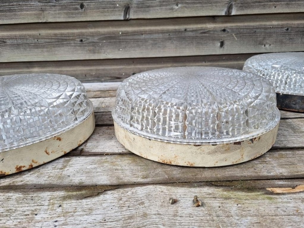 Set van 3 Vintage glazen plafondlampen/ plafonnières, 1970s, Vintage, Verre, Enlèvement, Utilisé