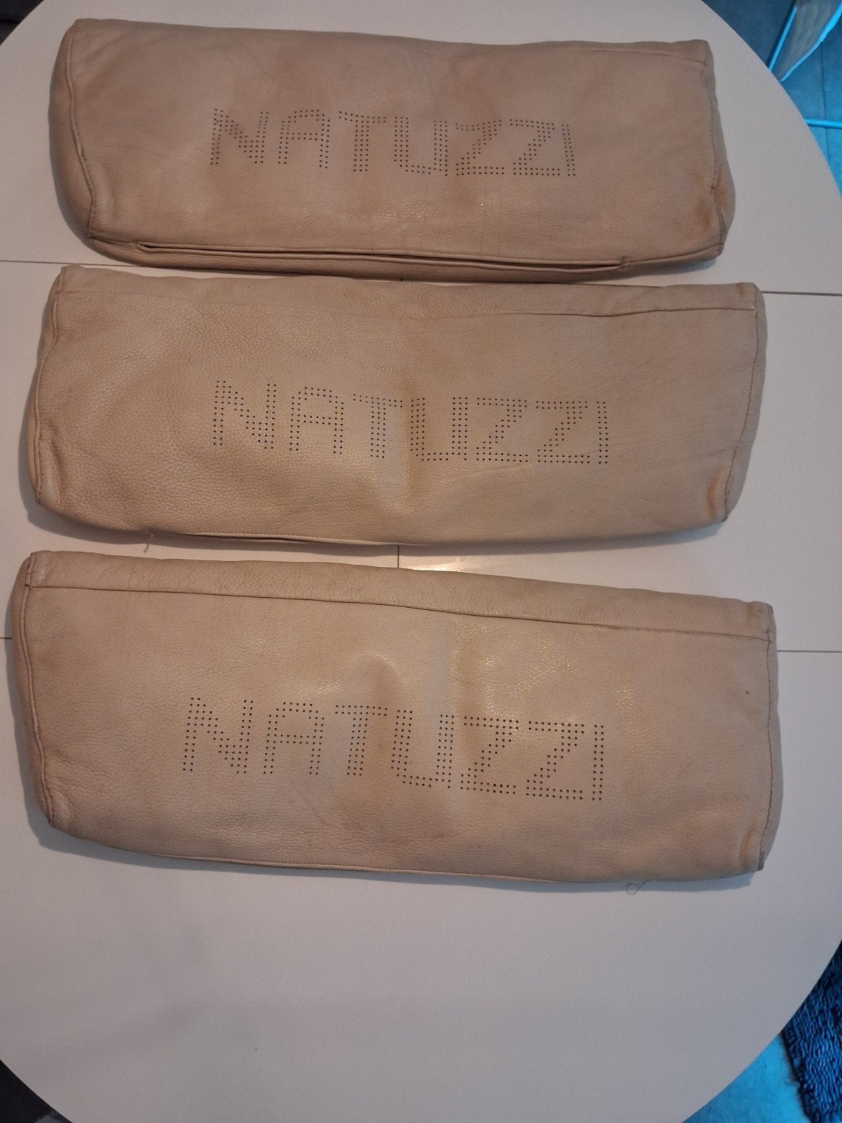 Set van 3 originele Natizzi lederen kussens (beige/crème), Ophalen, Gebruikt, Beige, Rechthoekig