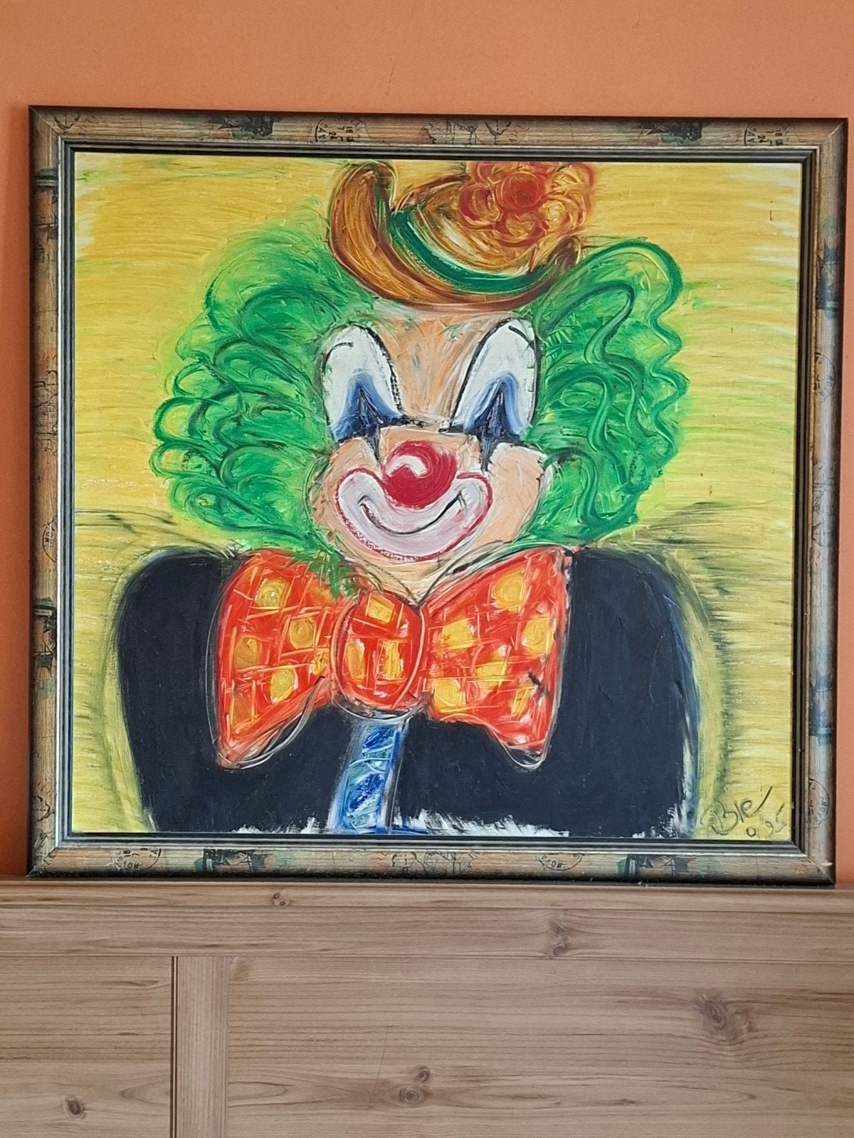 Peinture de clown vintage - Signée Ble '95 - Article unique, Enlèvement, Peint à la main, Portrait