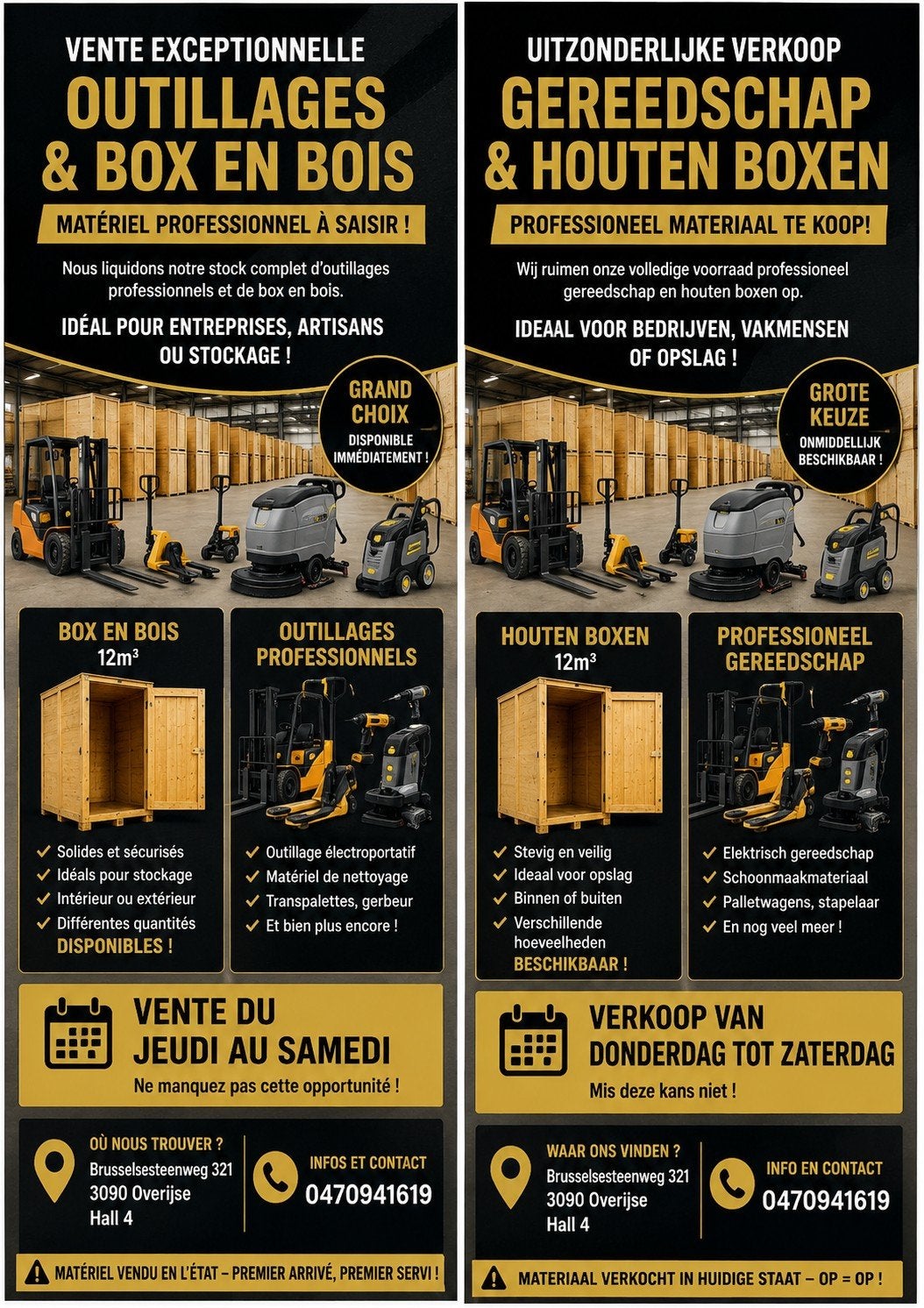 Vente d'outillages professionnels en lot ou à la pièce., Enlèvement