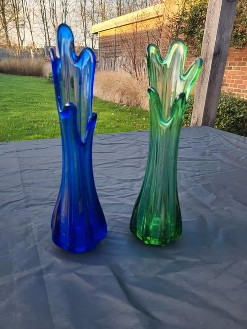 Vintage blauw en groen “5 vinger” vaasjes | Swung Vase, Ophalen of Verzenden