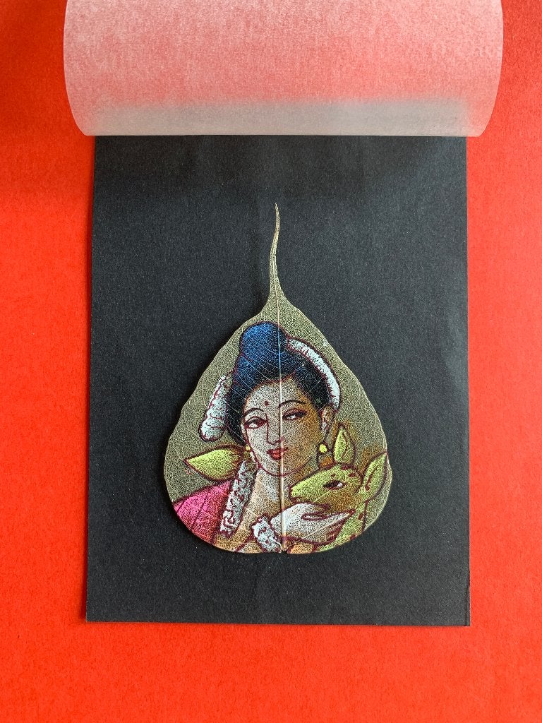 Vintage Aquarel miniatuur op peepalblad India, Enlèvement ou Envoi