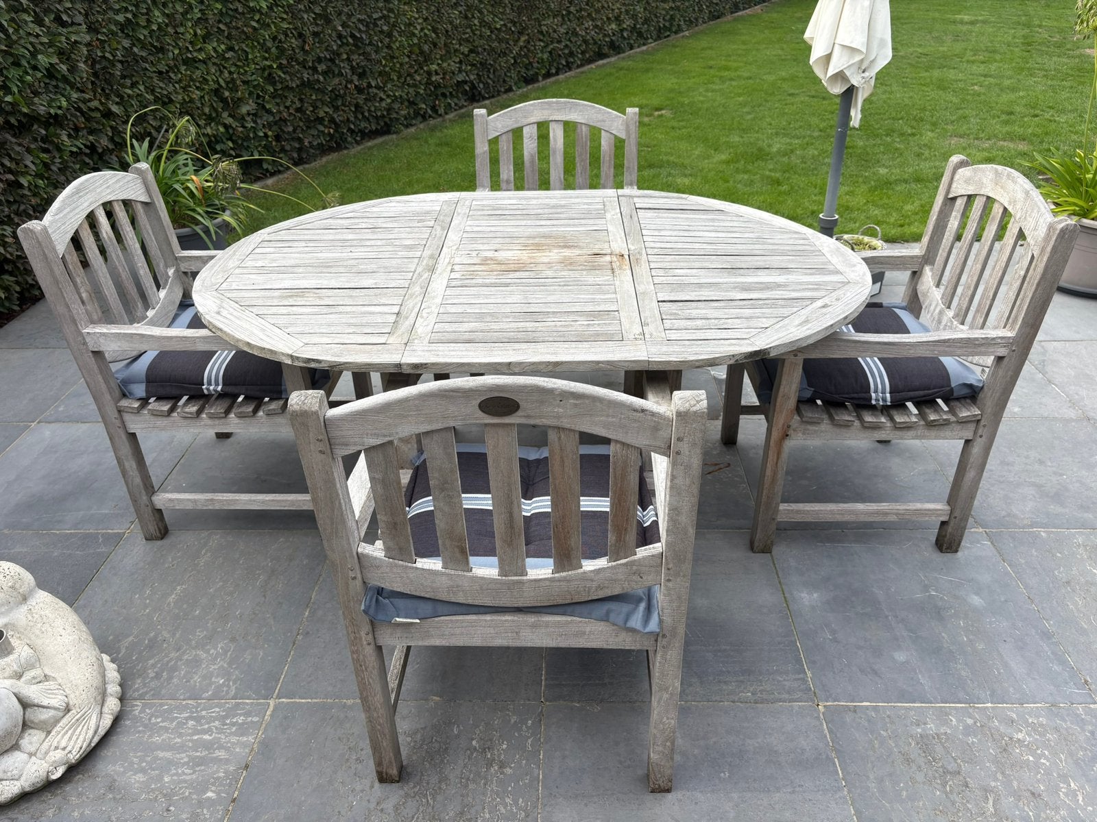 Tuinset Malibu Collection – teak - 4 stoelen/kussens + tafel, Ophalen, 4 zitplaatsen, Teakhout, Zo goed als nieuw