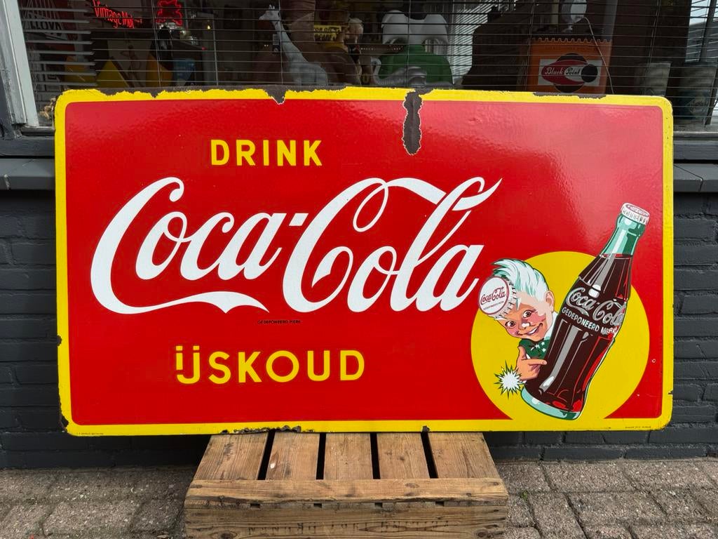 Grand panneau d'affichage ancien en émail Coca Cola, Enlèvement, Utilisé, Panneau publicitaire