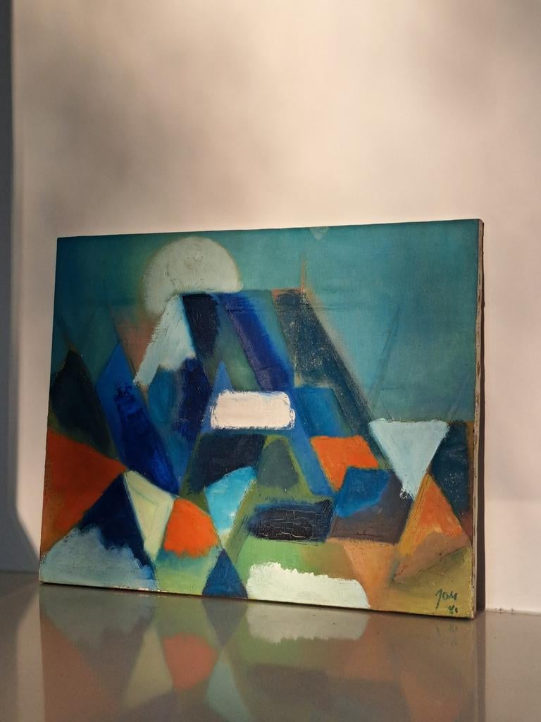Vintage abstract schilderij – 50 x 40 cm – doek op hout, Enlèvement ou Envoi