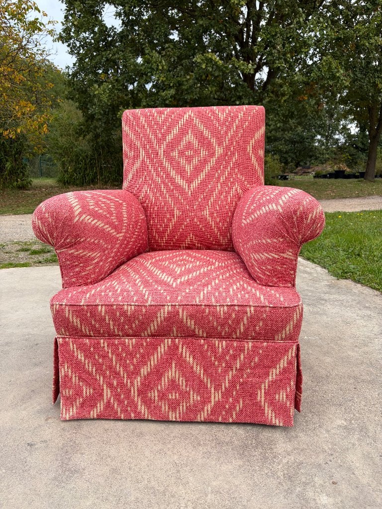 Stoffen fauteuil rood/roze met geometrisch patroon, Ophalen, Gebruikt, Stof