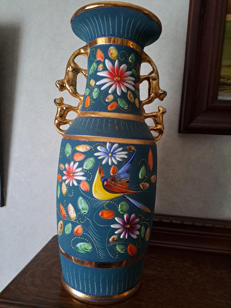 Vintage H. Bequet-vaas:Belgisch blauwgroen keramiek, Ophalen