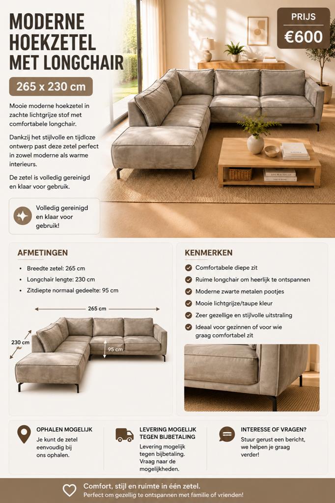 Moderne hoekzetel met longchair – gereinigd – 265 x 230 cm, Maison & Meubles, Canapés | Salons, Comme neuf, Banc d'angle, Quatre personnes ou plus
