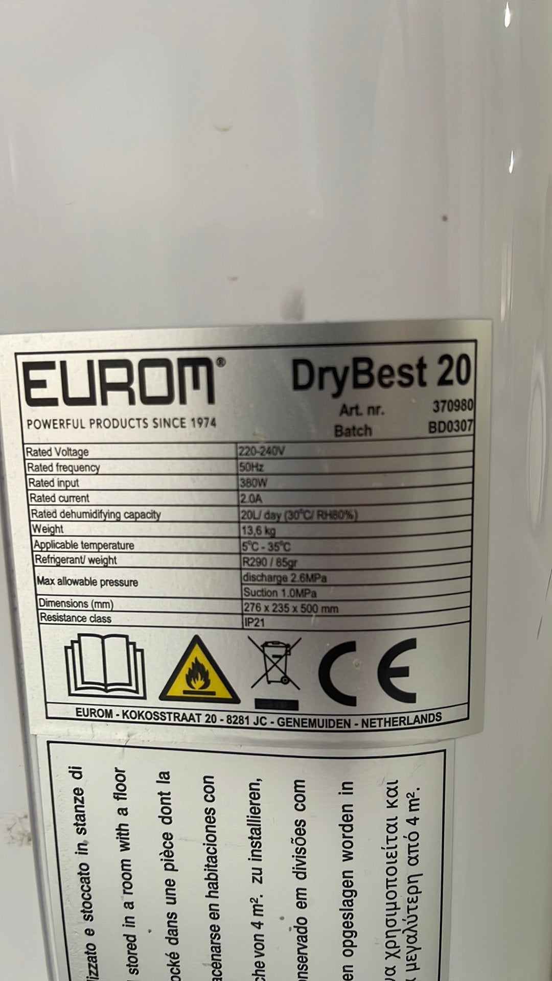Luchtontvochtiger eurom drybest 20, Elektronische apparatuur, Ophalen, Zo goed als nieuw