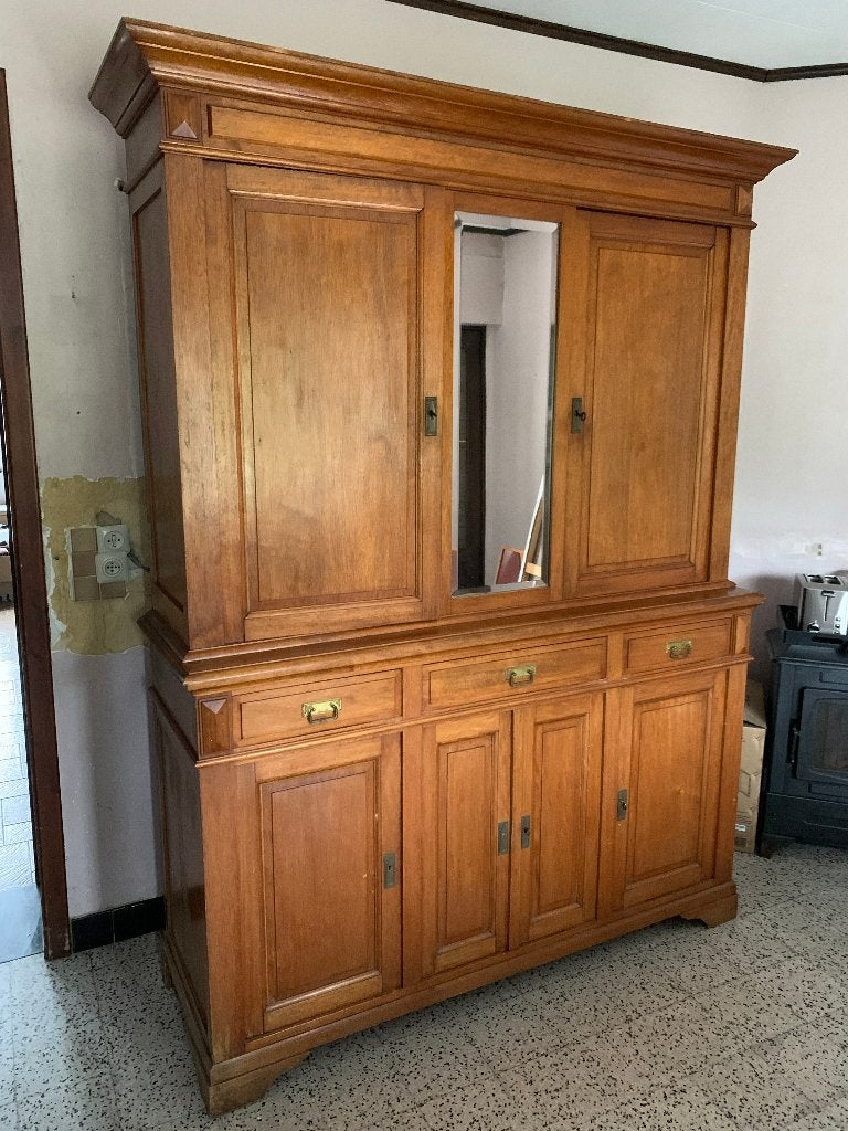 Grand buffet / vaisselier en bois massif avec miroir central, Maison & Meubles, Avec tiroir(s), Enlèvement, Utilisé, 200 cm ou plus