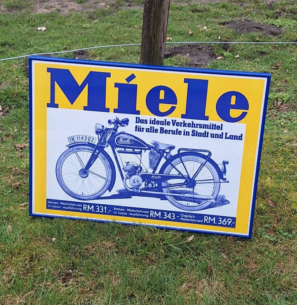 Top ingelijste afbeelding, poster oldtimer Miele motorfiets., Verzamelen, Ophalen, Gebruikt, Reclamebord