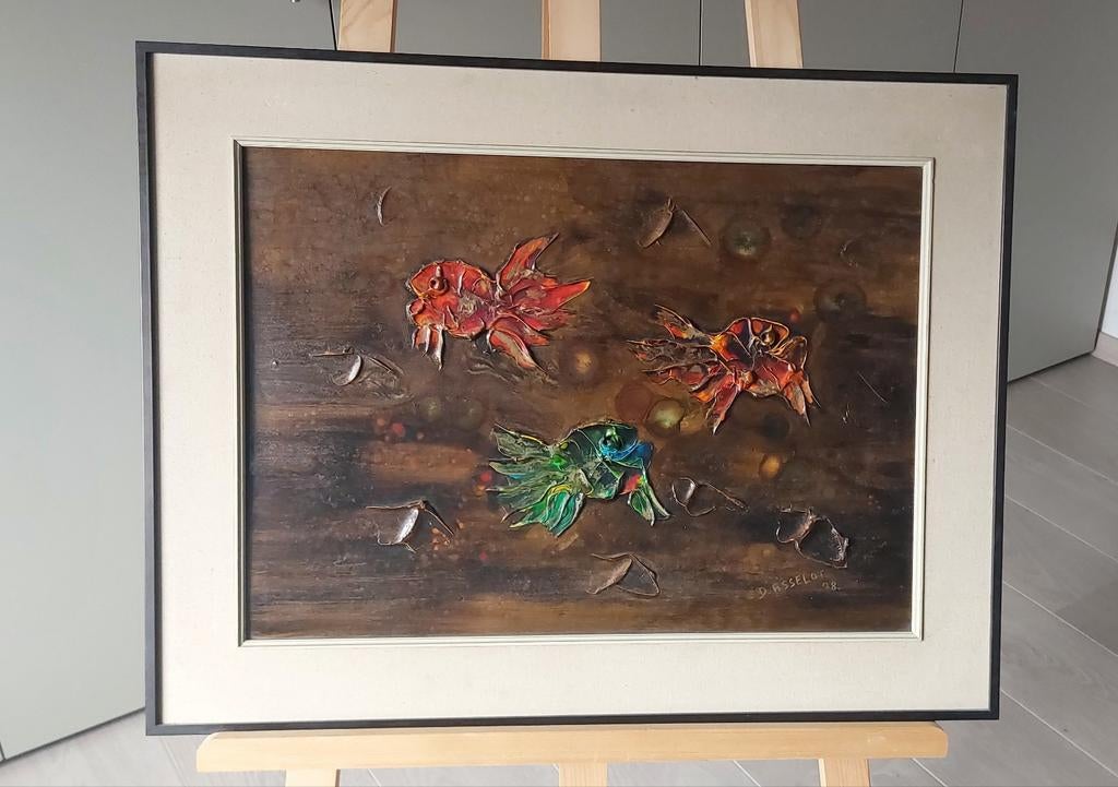 Dominique Asselot – 3D Reliëfschilderij Vissen – G, Antiek en Kunst, Ophalen of Verzenden