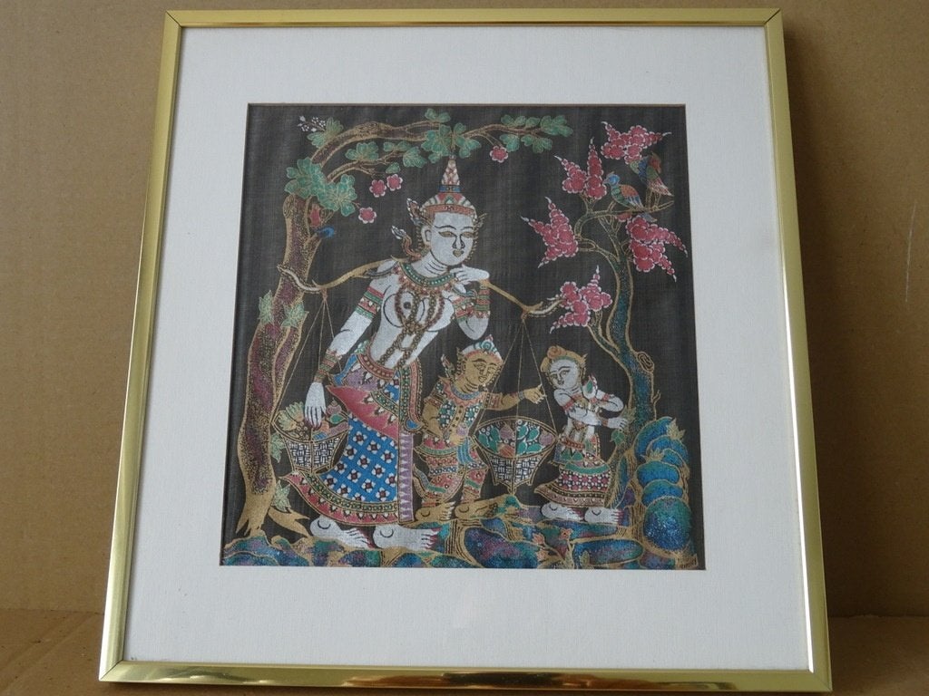 Peinture sur soie Thaïlande vintage dans cadre luxueux 31x33, Enlèvement ou Envoi