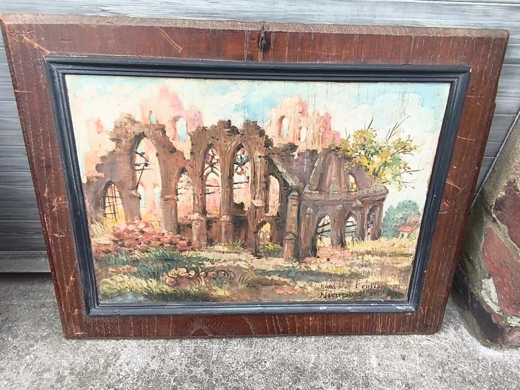 Huile sur panneau ruines d église nieuport signe, Antiquités & Art, Art | Peinture | Classique, Enlèvement ou Envoi