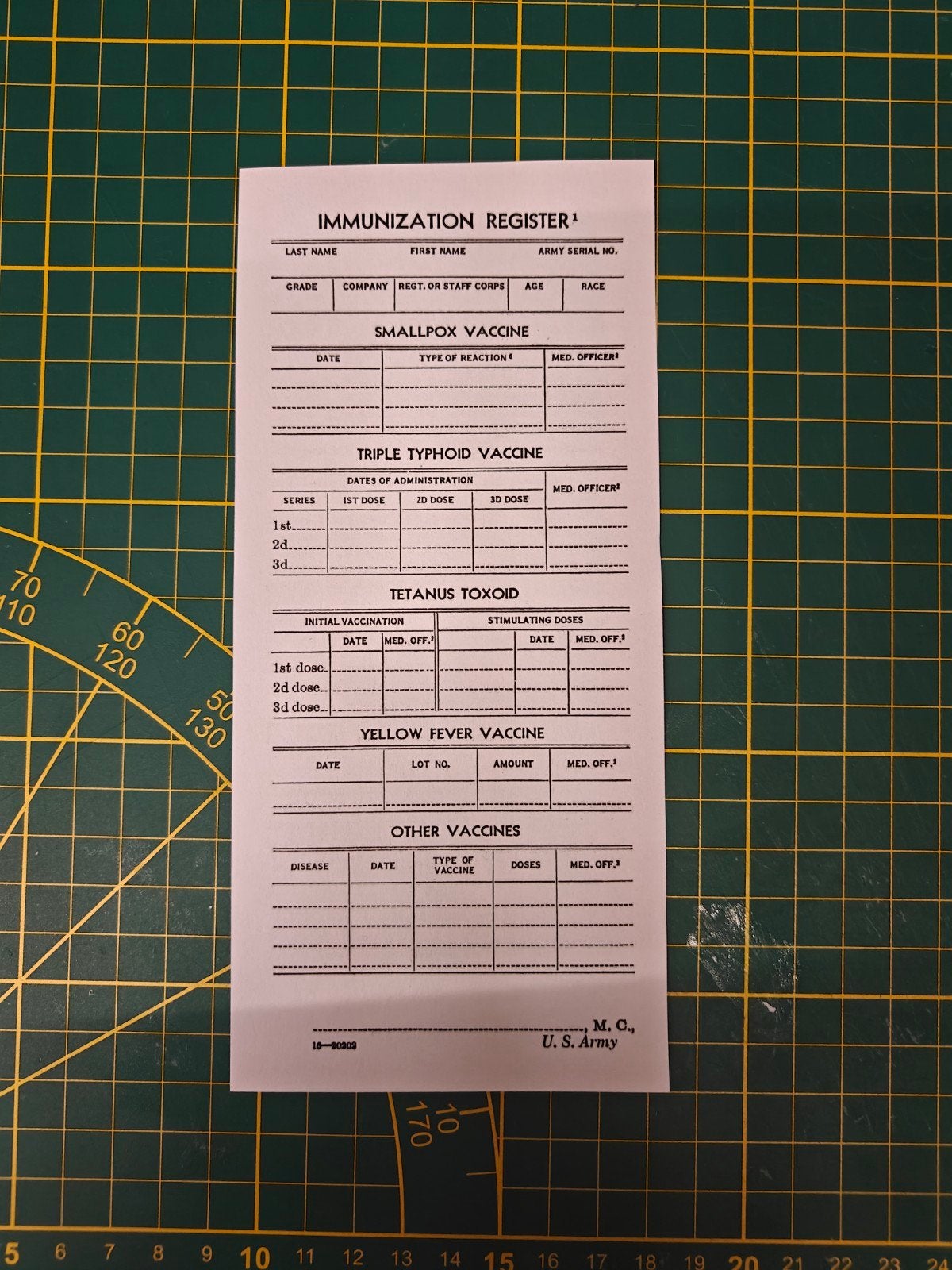 Repro US WW2 immunization record early war, Ophalen of Verzenden, Landmacht