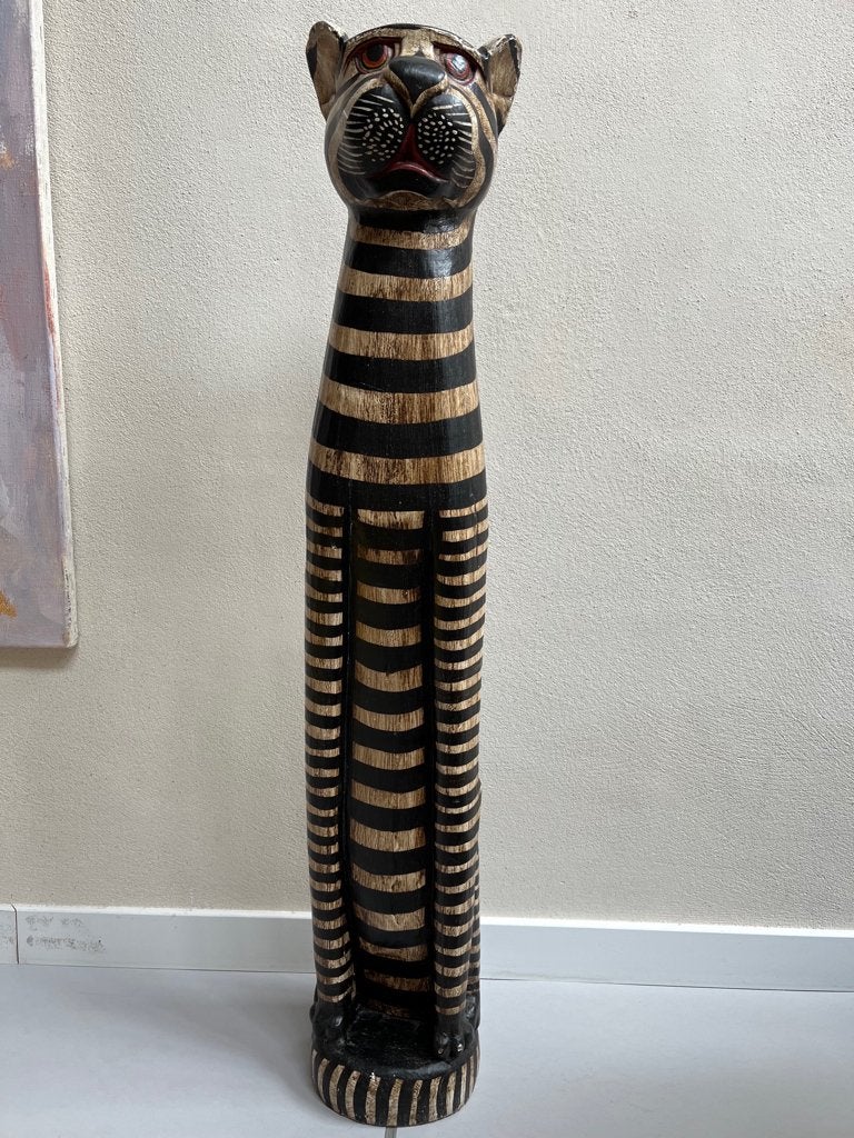Houten beeld kat-/tijgerachtige, Huis en Inrichting, Woonaccessoires | Overige, Ophalen, Gebruikt, Meerkleurig, Vintage