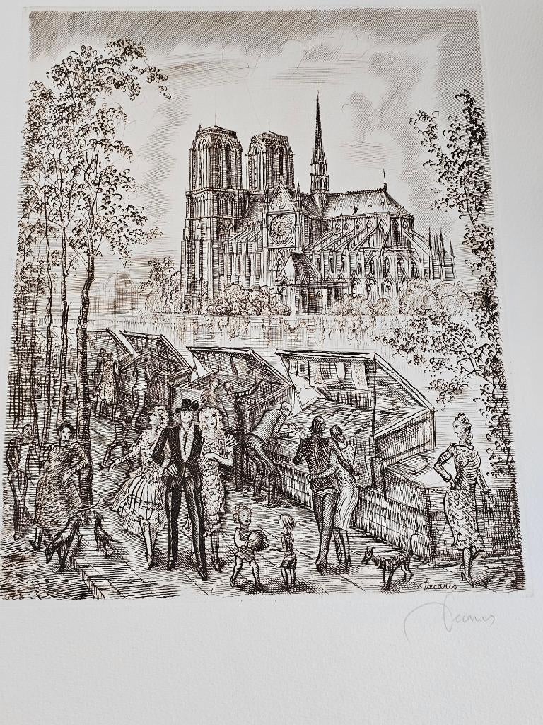 ANTIEK  Oude gravure van de Notre-Dame Kathedraal van Parijs, Ophalen