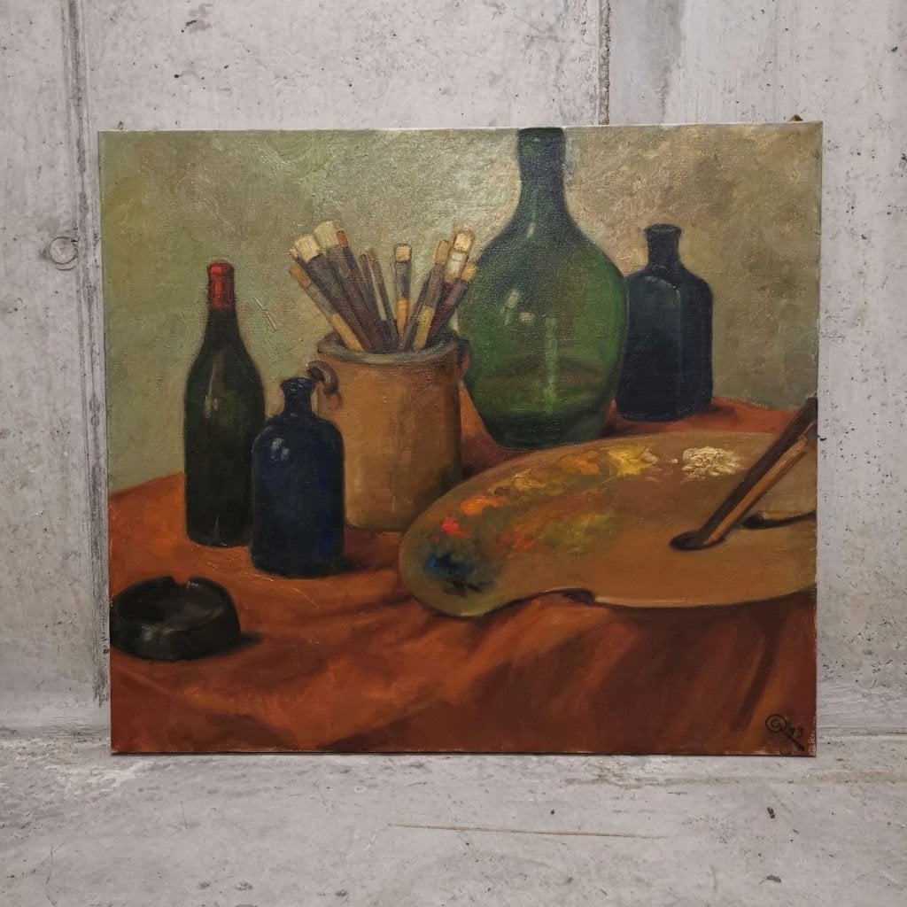 Stilleven met schildersmateriaal (1973) - Geo Rombaut, Peinture à l'huile, Enlèvement, Nature morte, Toile