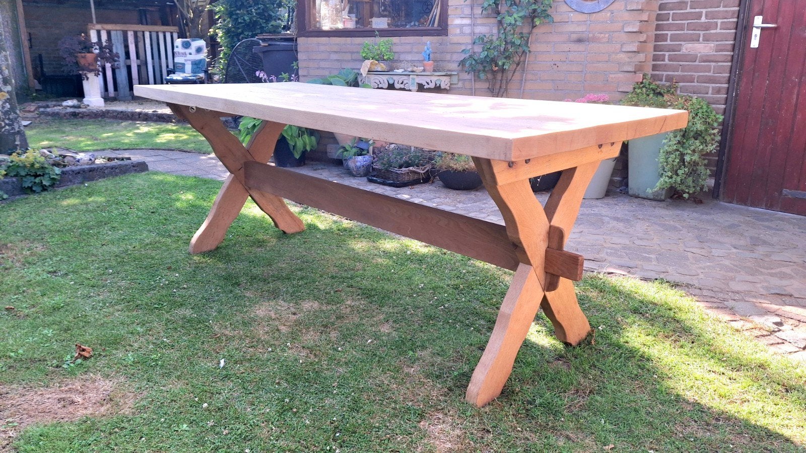 Kloostertafel eettafel 209x84.5, Vintage stoer landelijk sober, Eikenhout, 200 cm of meer, Zo goed als nieuw