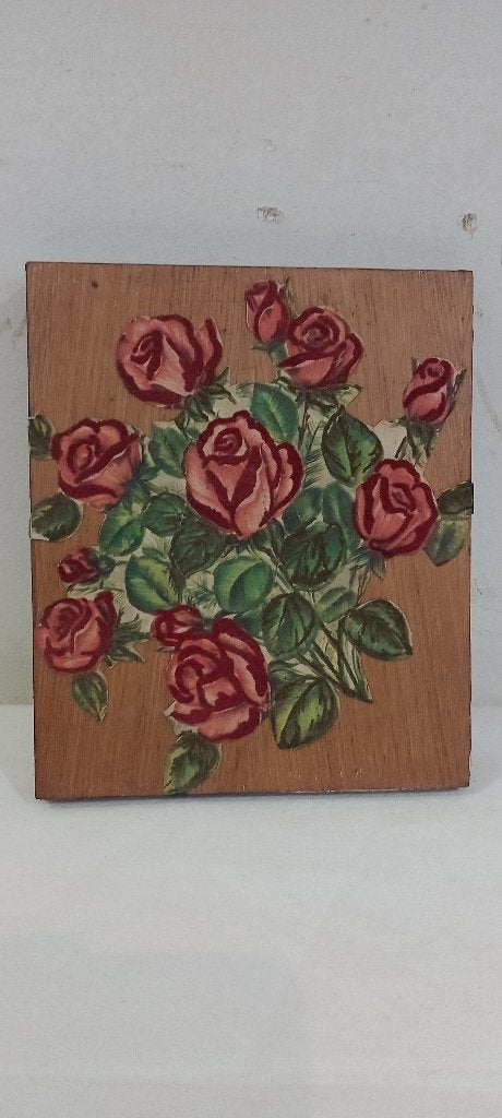 Vintage houten beeldrozen in reliëffluweel, 14x17, n676, Ophalen of Verzenden, Overige typen