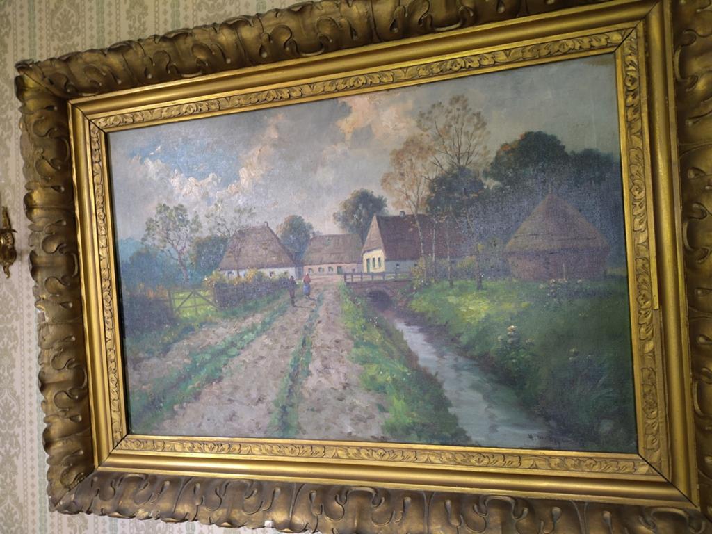 peinture avec une ferme rurale, ruisseau. Dédicacé, Enlèvement