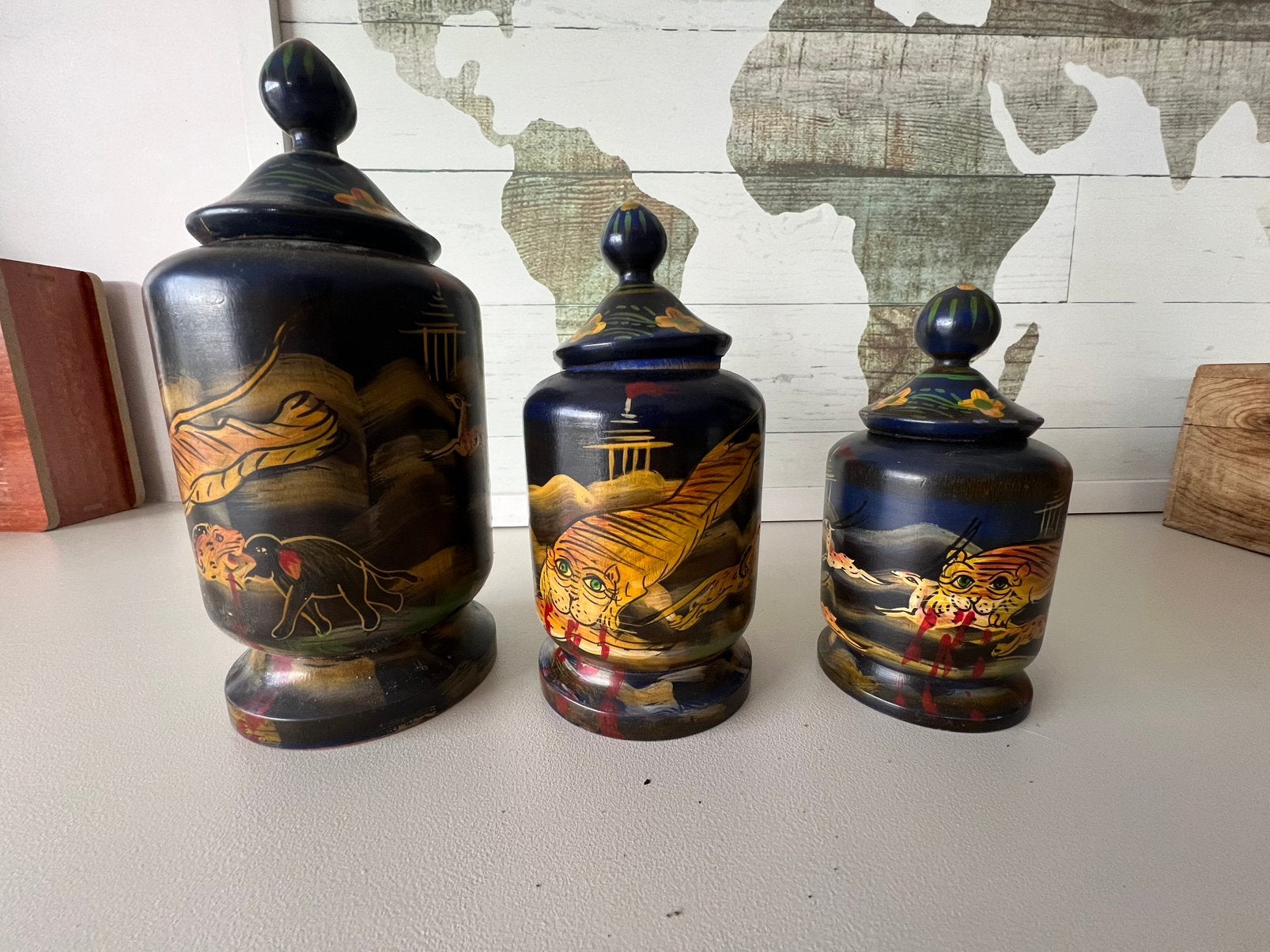 3-Delige Set Vintage Houten Gemberpotten – Handgeschilderd, Antiek en Kunst, Ophalen
