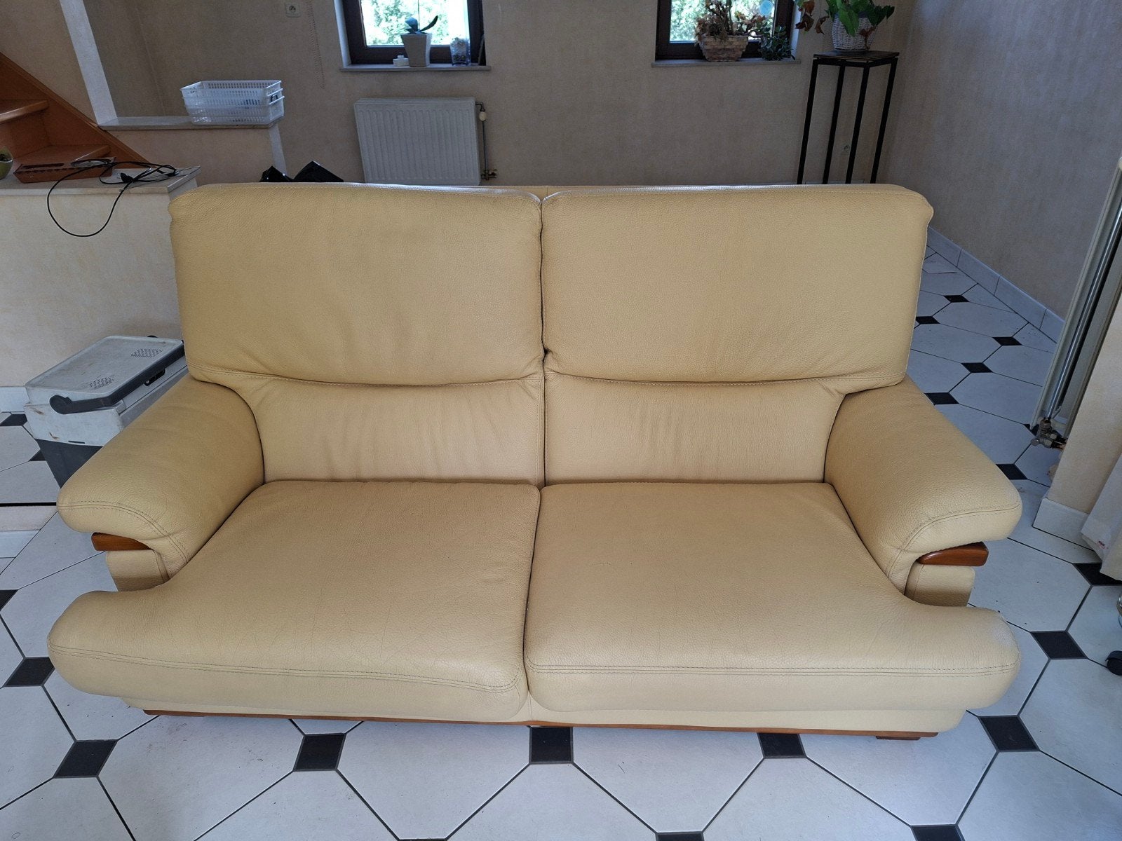 Canapé fauteuil cuir beige, Leer