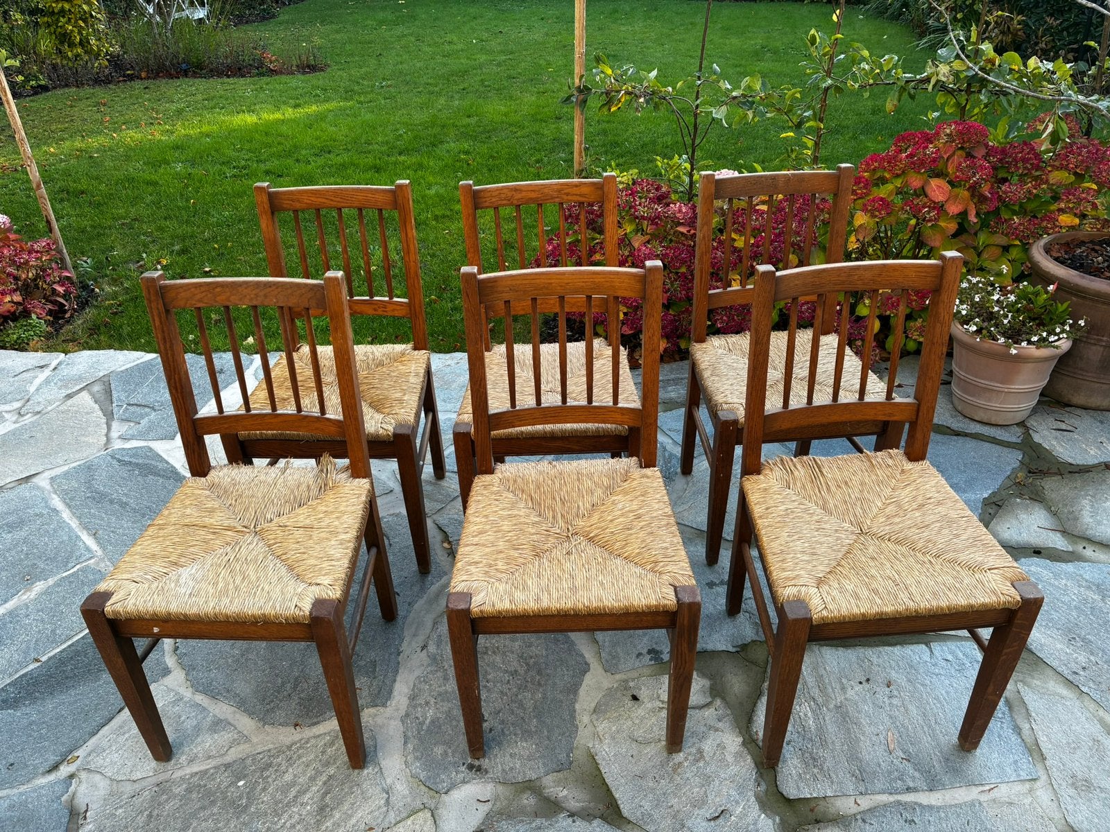6 massief eiken stoelen met biezen zitting, Maison & Meubles, Chaises, Comme neuf, Cinq, Six Chaises ou plus, Bois, Enlèvement