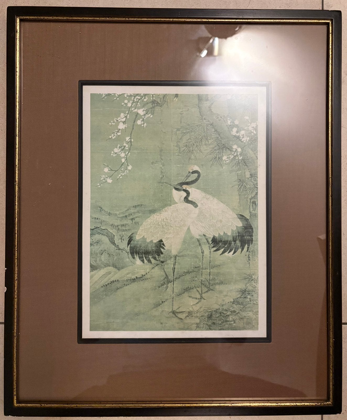 Peinture asiatique sur toile de deux grues, Antiek en Kunst, Kunst | Etsen en Gravures, Overige technieken, Ophalen of Verzenden