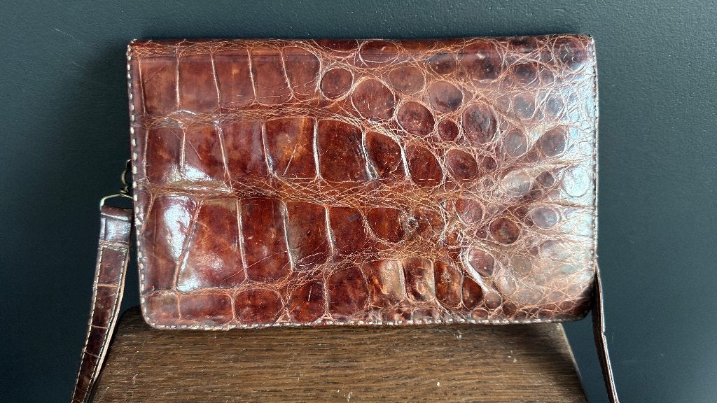 Prachtige vintage handtas – bruine reptielenlook – retro, Handtassen en Accessoires, Ophalen of Verzenden, Gebruikt, Bruin, Handtas
