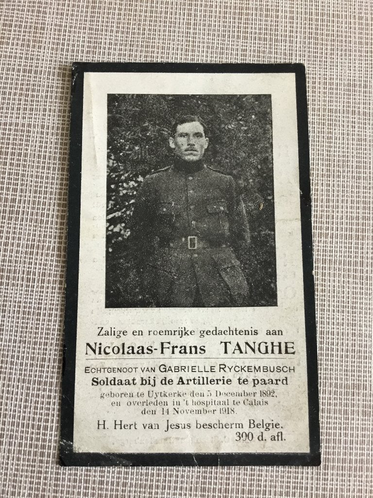 Soldat N. Tanghe Uitkerke tué à Calais en 1918 WOI, Enlèvement ou Envoi, Image pieuse