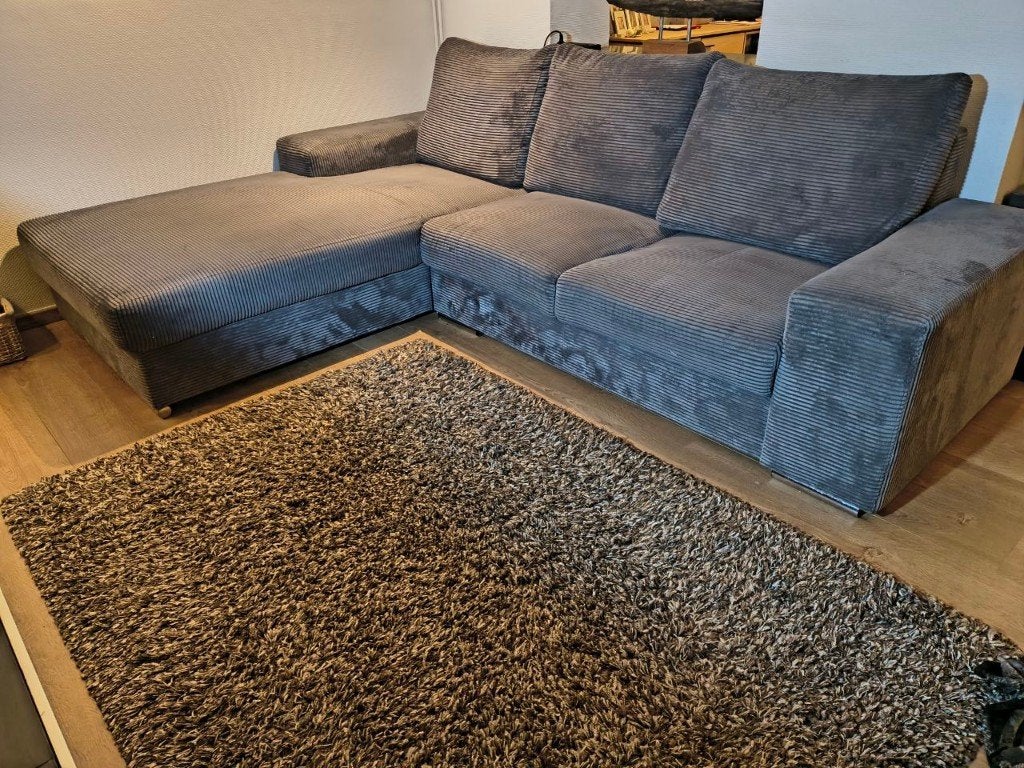grijze hoeksalon in ribbelstof, Ophalen, Gebruikt