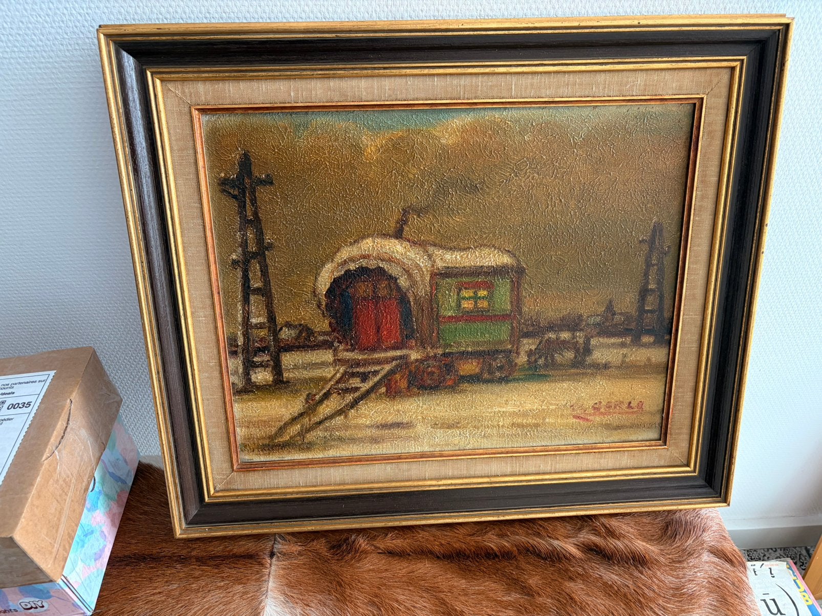 Schilderij van woonwagen, Ophalen, Olieverf, Klassiek, Overige onderwerpen