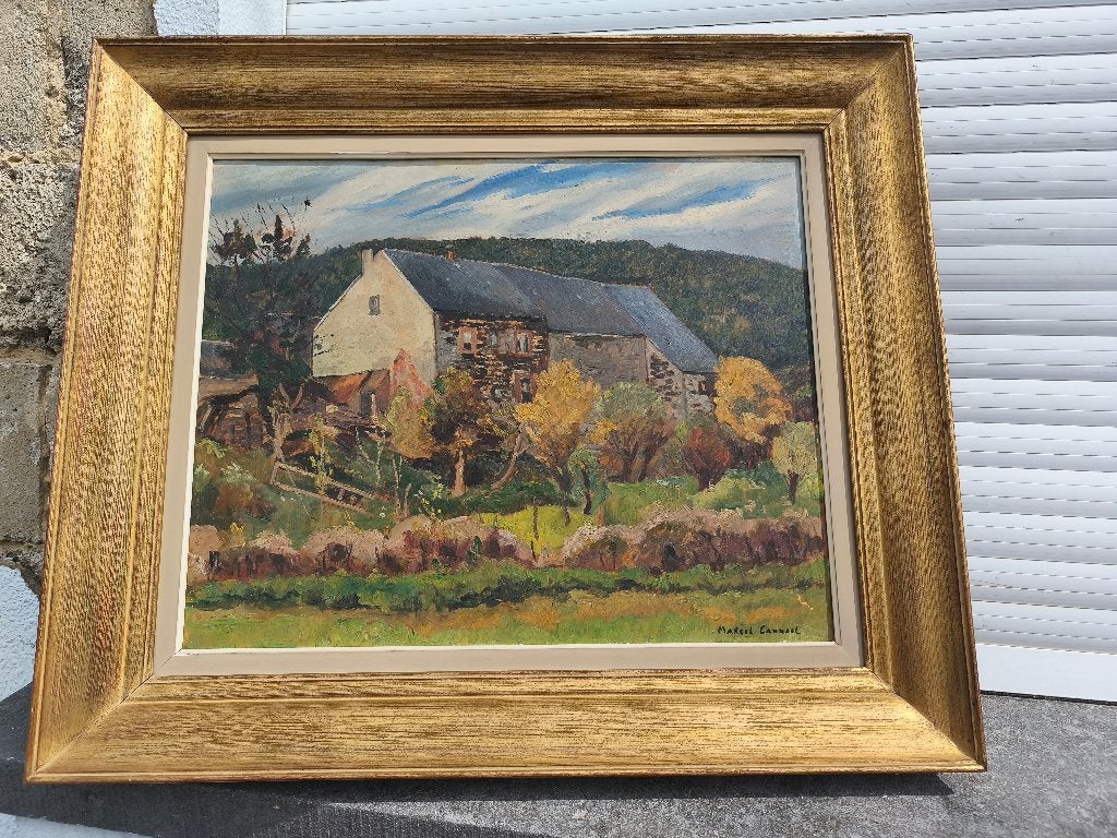 Huile sur panneau fermette signe marcel canneel, Enlèvement ou Envoi, Impressionniste, Panneau