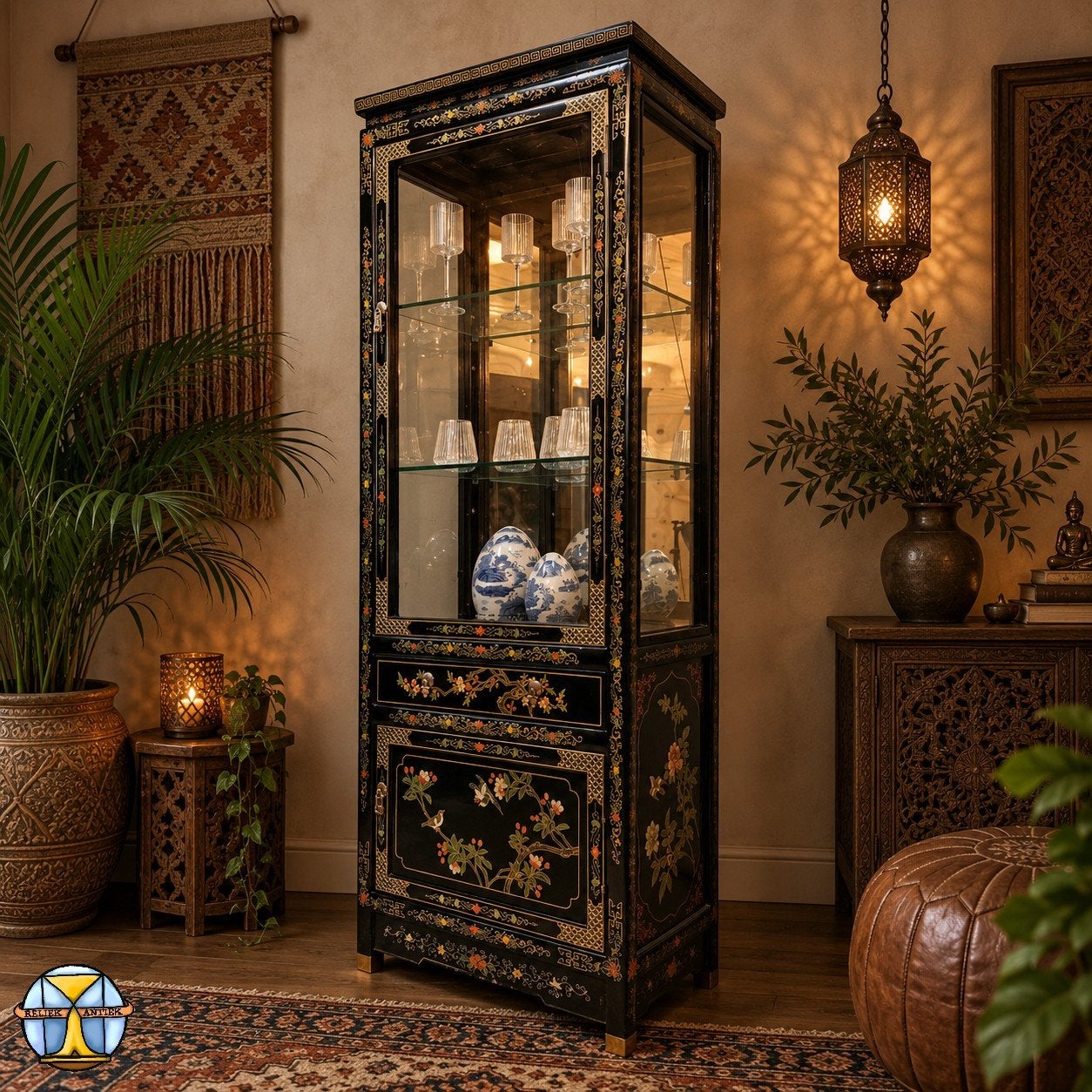 Vitrine chinoise vintage avec miroir (fleurs et oiseaux), Avec porte(s), 25 à 50 cm, Enlèvement ou Envoi, Chinees  / vintage  / oosters / Aziatisch  / bohemian