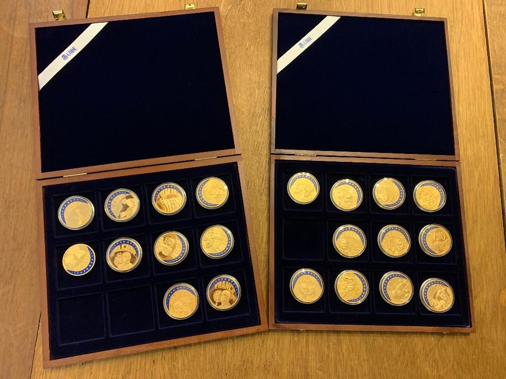 Verzameling van 21 Europese herdenkingsmedailles, Postzegels en Munten, Penningen en Medailles, Goud, Ophalen