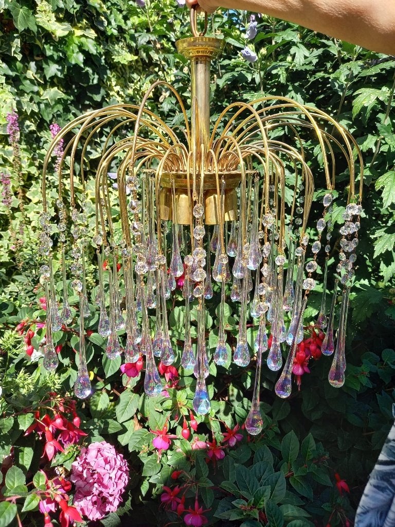 grote murano luster met teardrop pegels, Huis en Inrichting, Ophalen, Gebruikt, Vintage murano, E14 (klein)