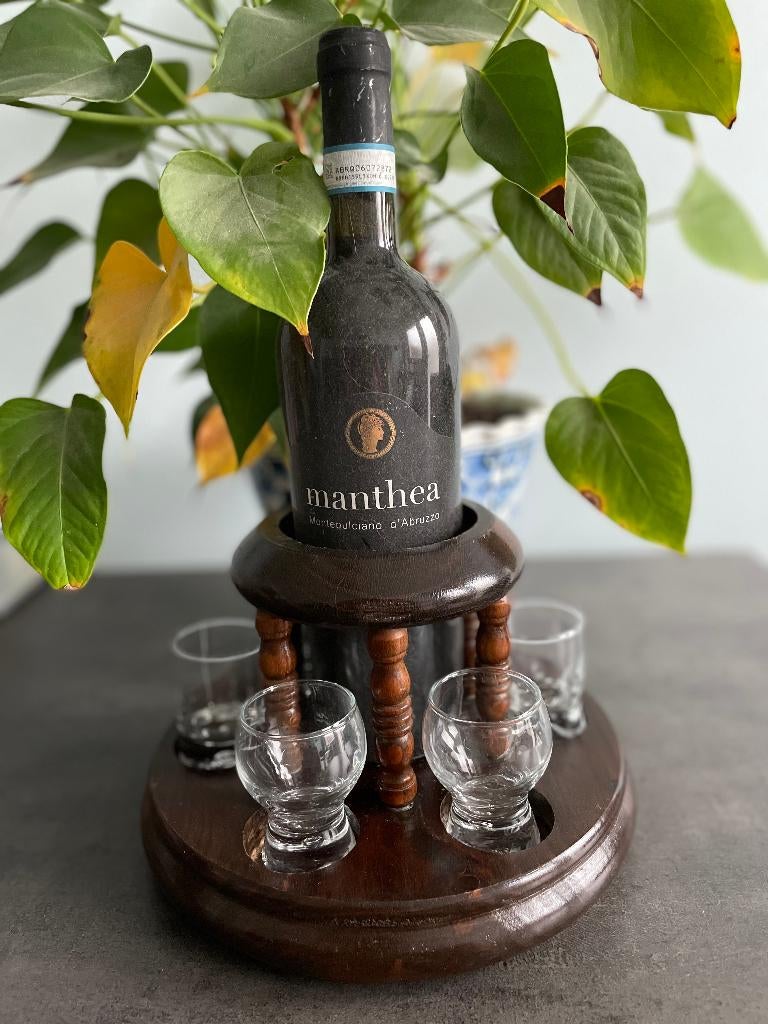 Vintage houder voor borrelglaasjes en fles, Antiek en Kunst, Curiosa en Brocante, Ophalen