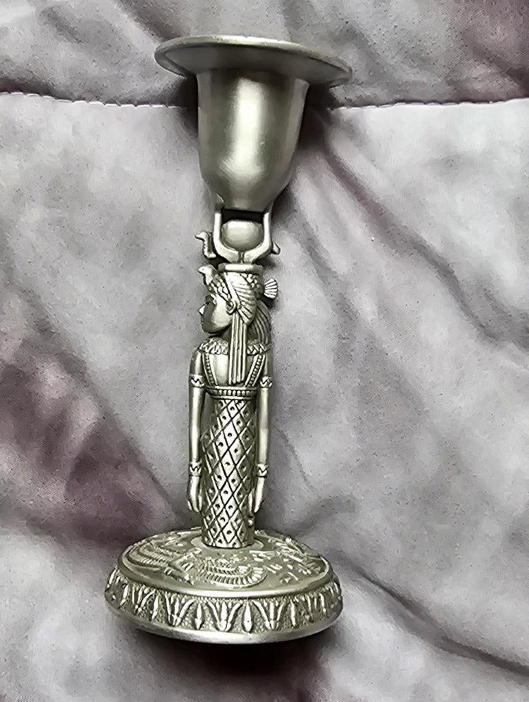 Tinnen kandelaar egyptisch antiek vintage 14cm, Ophalen of Verzenden