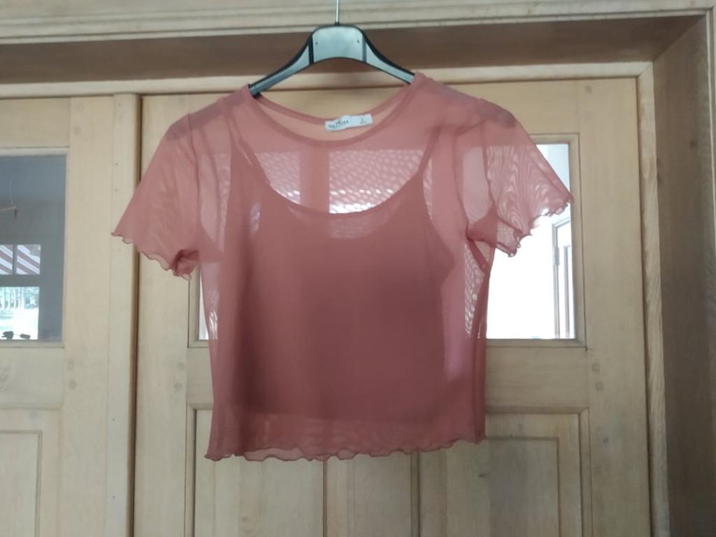 tof donkerroze topje met doorschijnend t-shirt Hollister S, Manches courtes, Enlèvement ou Envoi, Rose, Taille 36 (S)