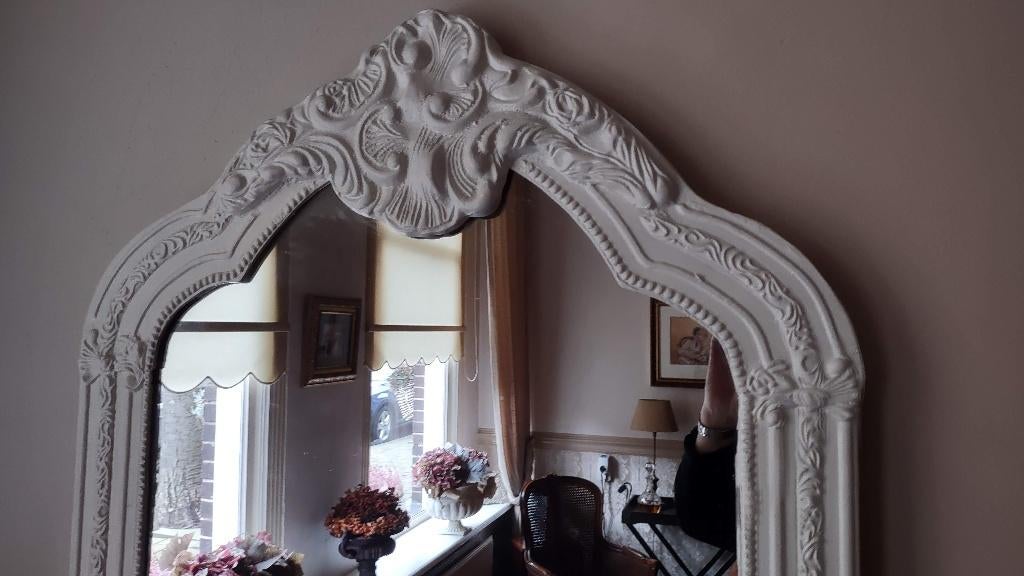 Exclusieve Grote "Barok" "Witte"Kuifspiegel Schitterend, Ophalen, 100 tot 150 cm, Zo goed als nieuw, 75 tot 100 cm