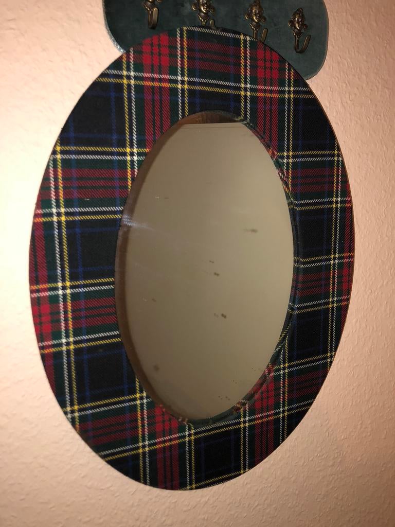 Toffe vintage spiegel met stoffen rand in Schotse ruit, Minder dan 50 cm, Ophalen of Verzenden, Zo goed als nieuw, Minder dan 100 cm