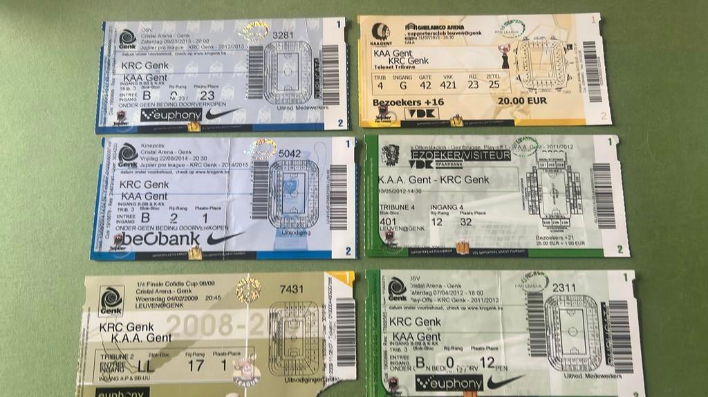 6 tickets RC Genk - KAA Gent 2009 2012 2013 2015, Envoi, Utilisé