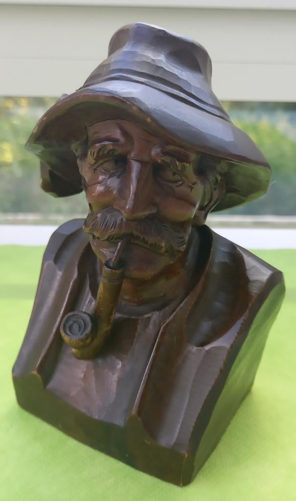 Houten herenborst met hoed en pijp, Antiek en Kunst, Ophalen