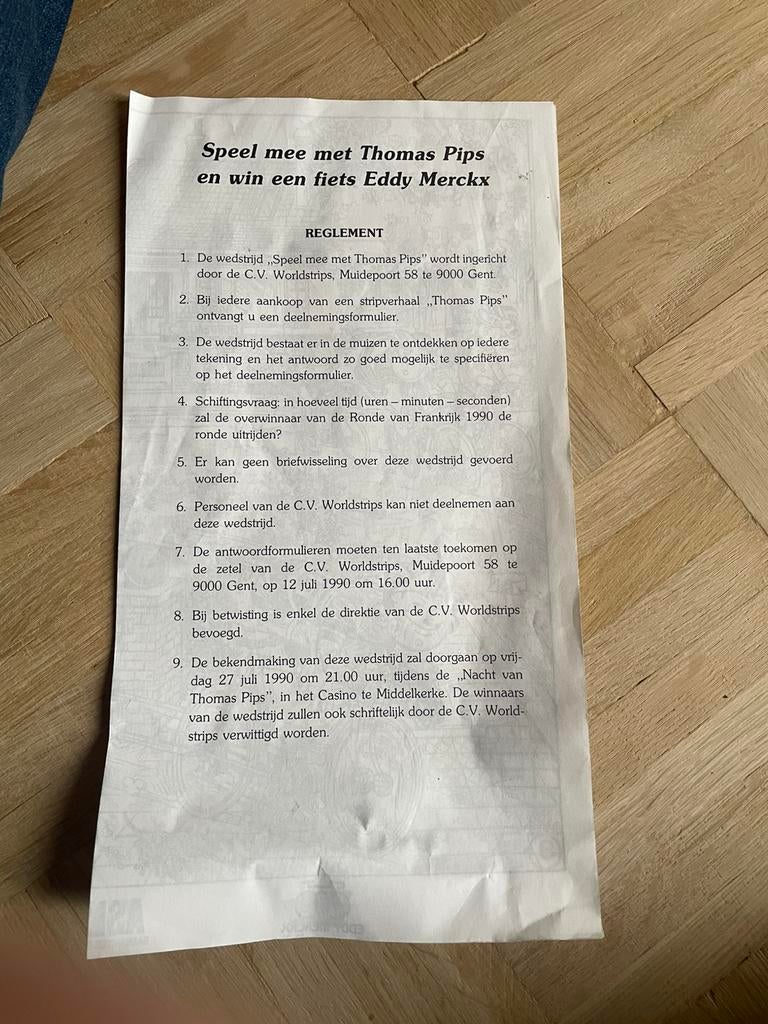 Speel mee met Thomas Pips en win een fiets Eddy Merckx, Enlèvement